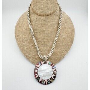 Vintage Mother-of-Pearl Abalone Shell Mosaic Pendant Necklace Boho Statement